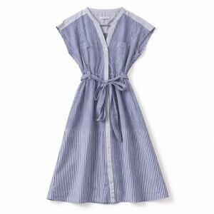 Romantic Soft Blue Stripe Pockets Tie Waist Dress Draped Wrapped Retro Twee